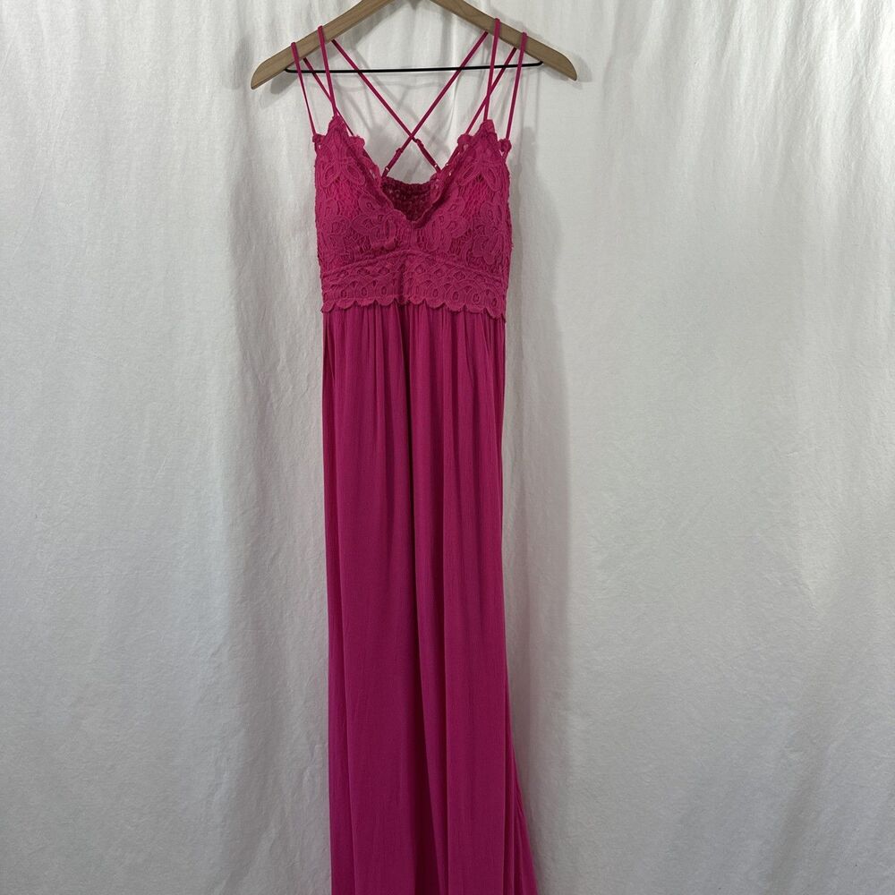 Sweet Lovely By Jen Pink Crochet Lace Strappy Ruffle Maxi Dress Womens Size L